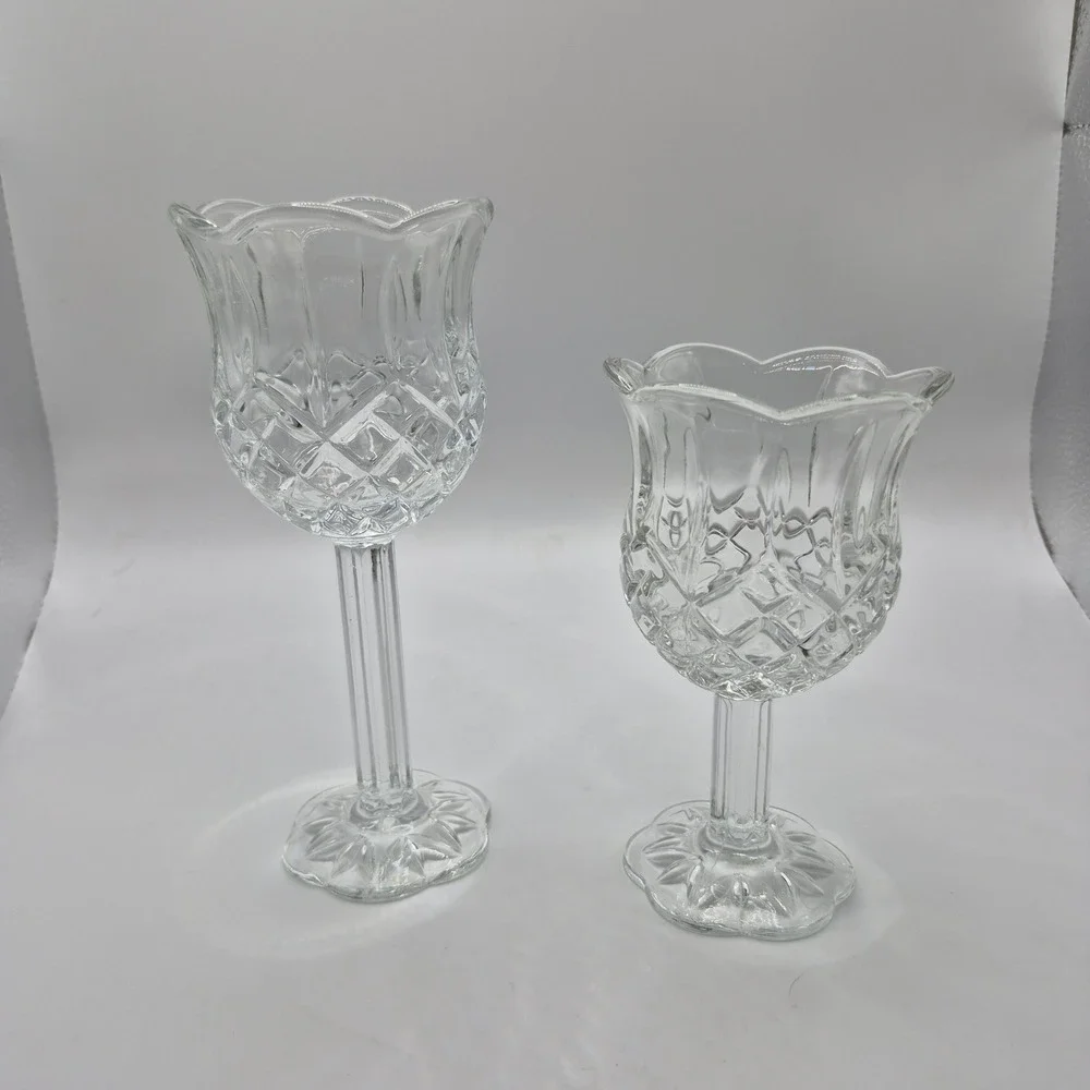 Home Interiors Glass Votive Candle‎ Holders Set 2 Clear Diamond Cut Tulip USA